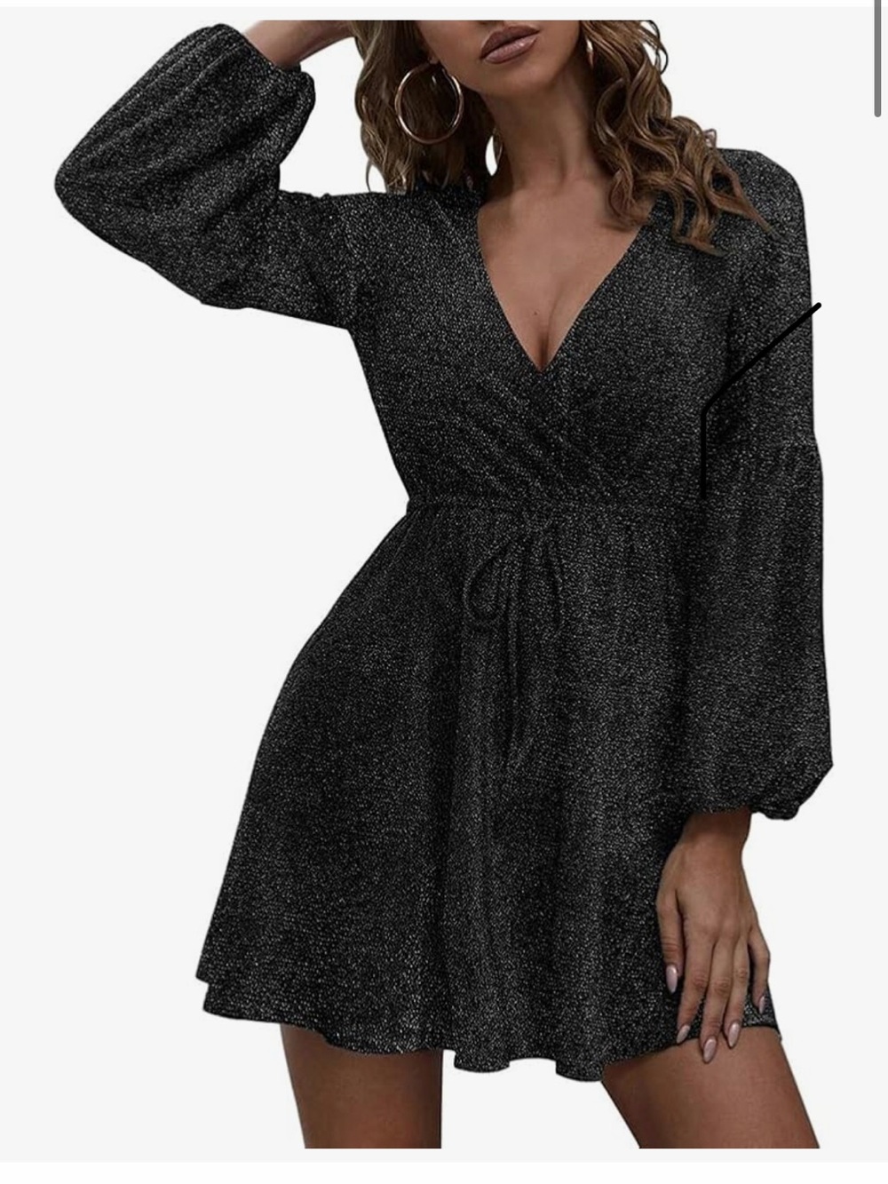 Women's Black Sparkle V-Neck Long Sleeve Dress